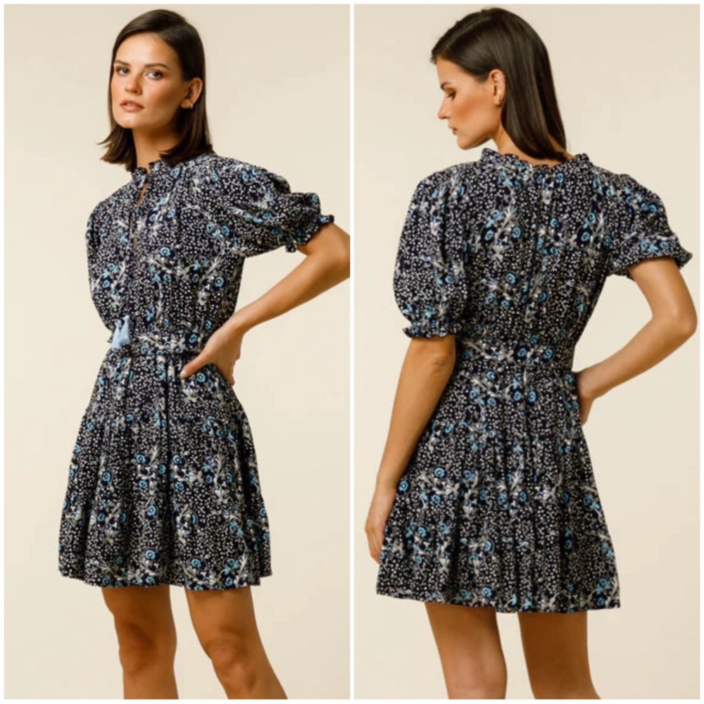 •LUSANA• Ayla Mini Balloon Sleeve Dress in Night Shade Navy Blue‎ Size Small